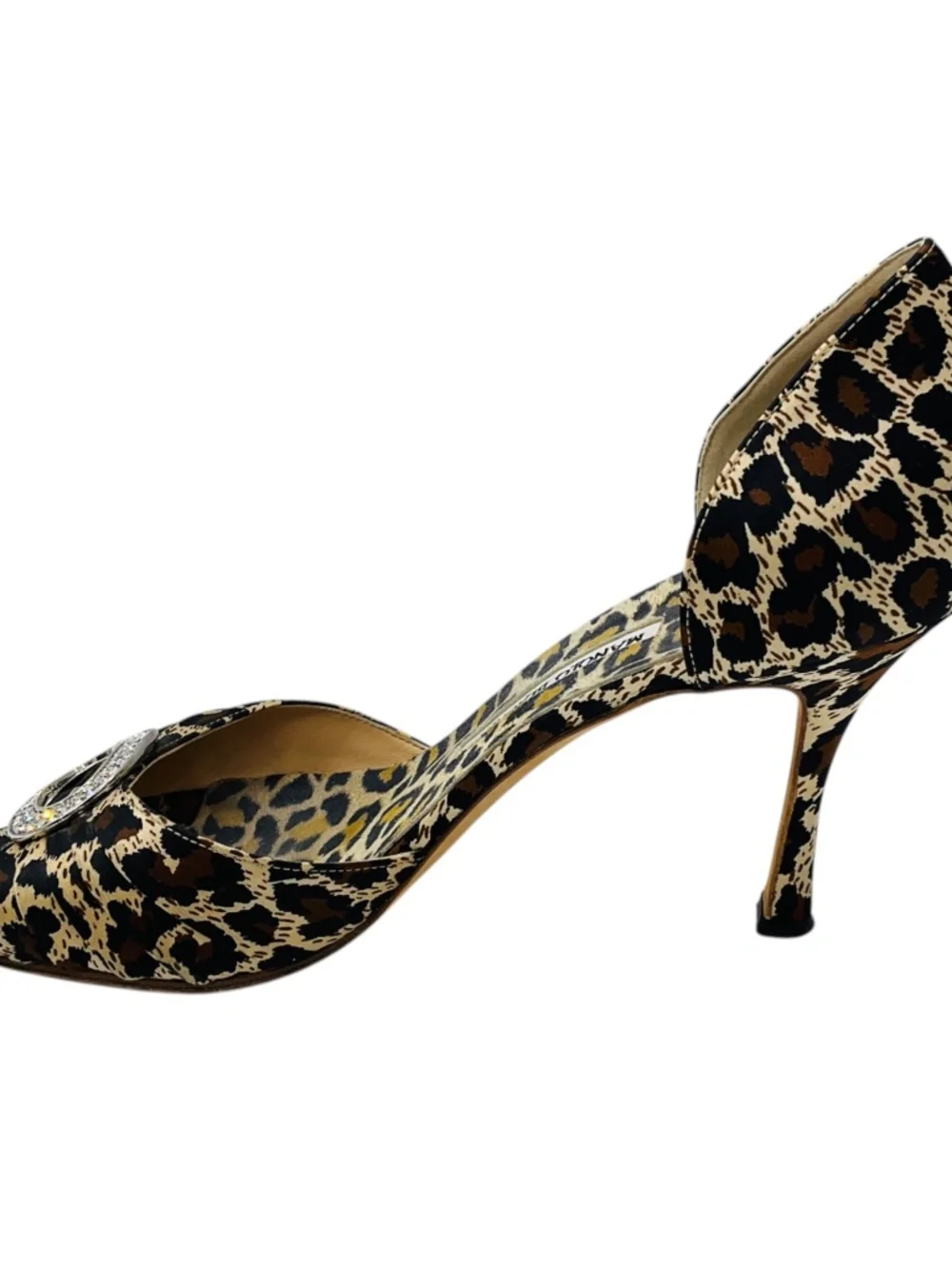 Manolo Blahnik Tan / Brown / Black Sedaraby Leopard Satin Crystal Buckle Peep To